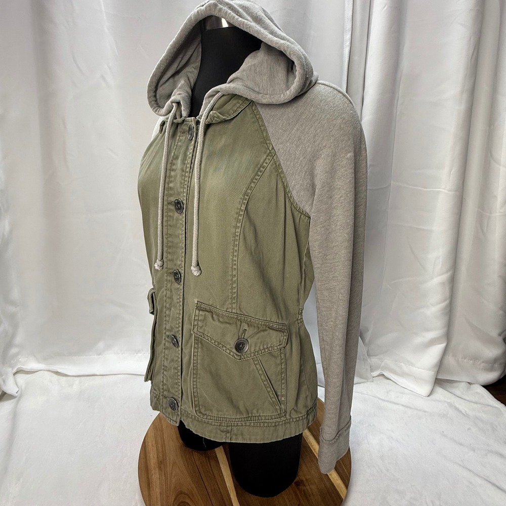 Hollister Women's‎ Army Green Anorak Jacket Gray Sweatshirt Sleeves And Hood - Picture 4 of 10
